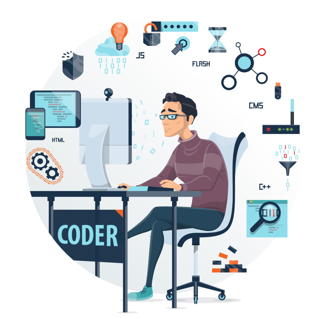 a code developer working on his pc with programming languages